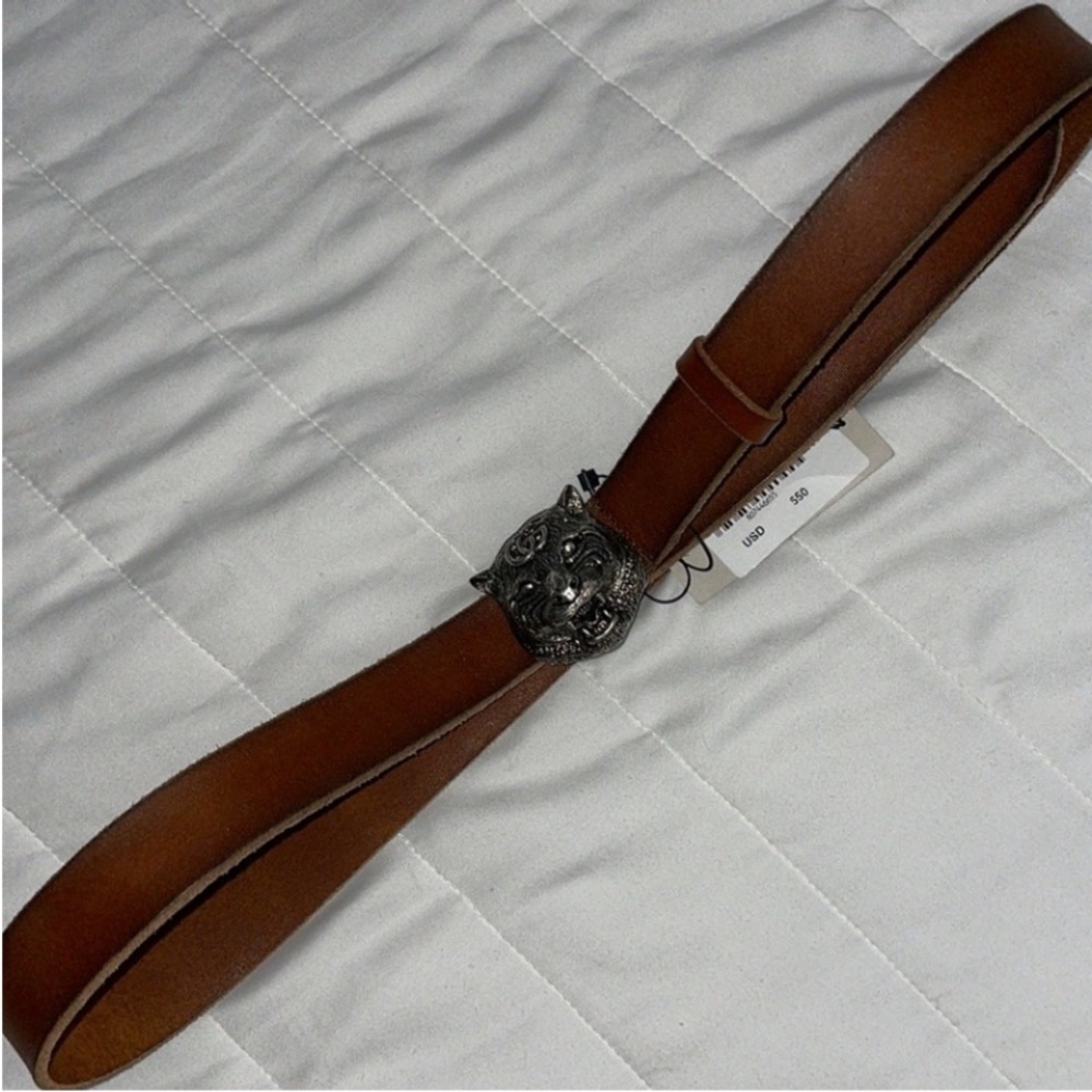 New Gucci Brown Leather Belt with silver Tiger Head Buckle - Picture 6 of 11